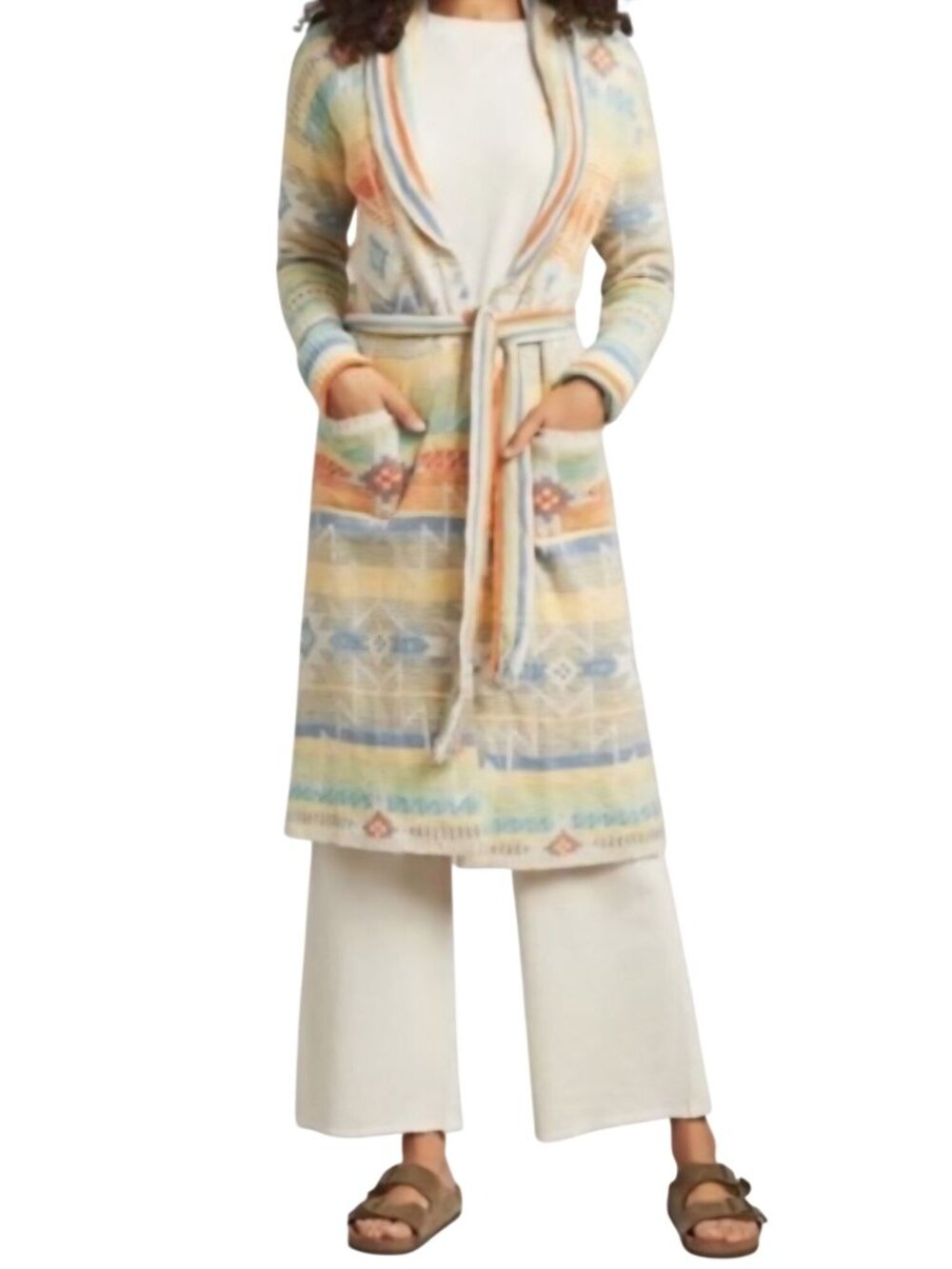 Faherty The Paloma Duster Cardigan Morning Star Jaquard Belted Pockets Size XL